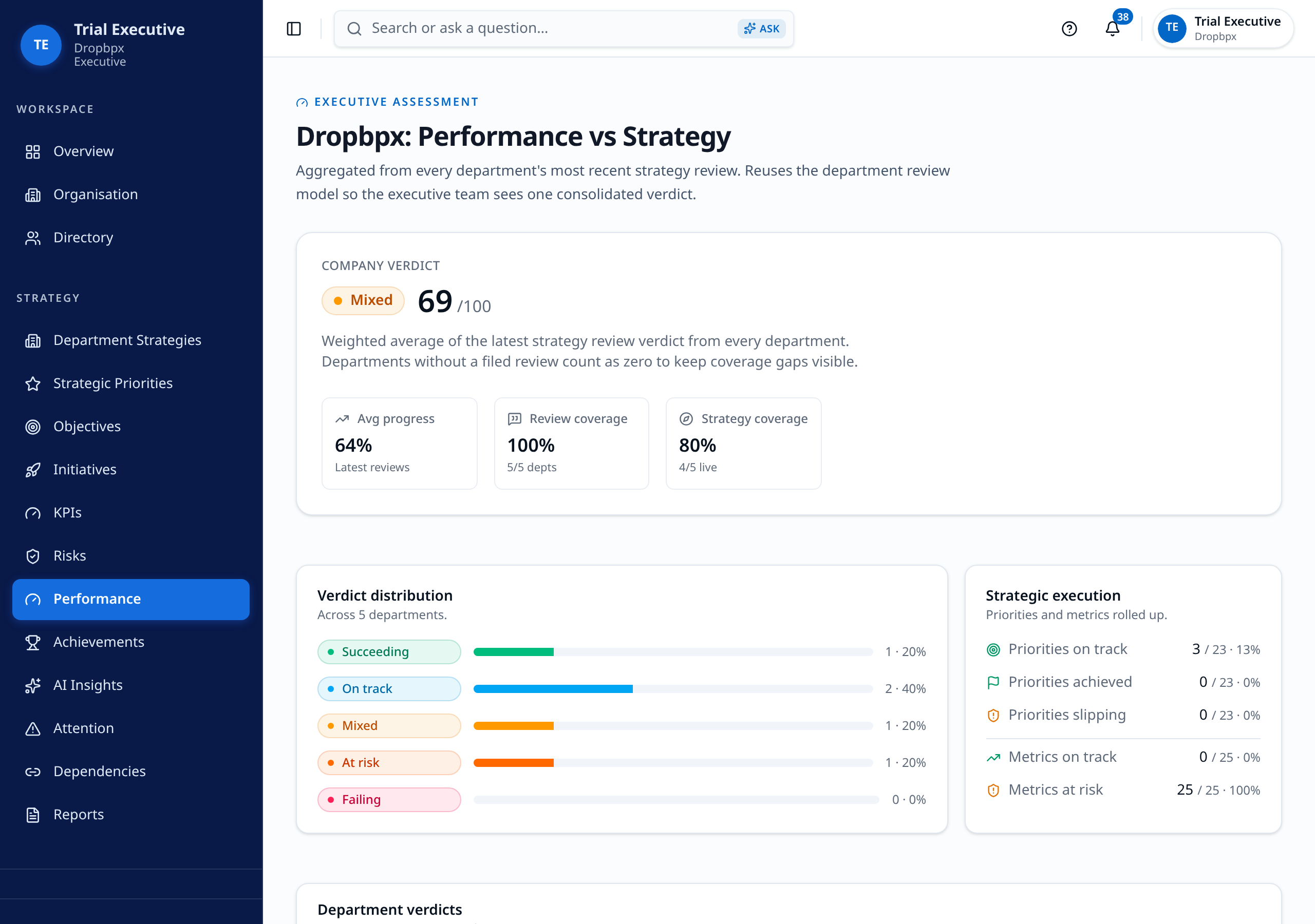 Telblu performance vs strategy page showing a company verdict score, review coverage, verdict distribution and rolled-up execution measures