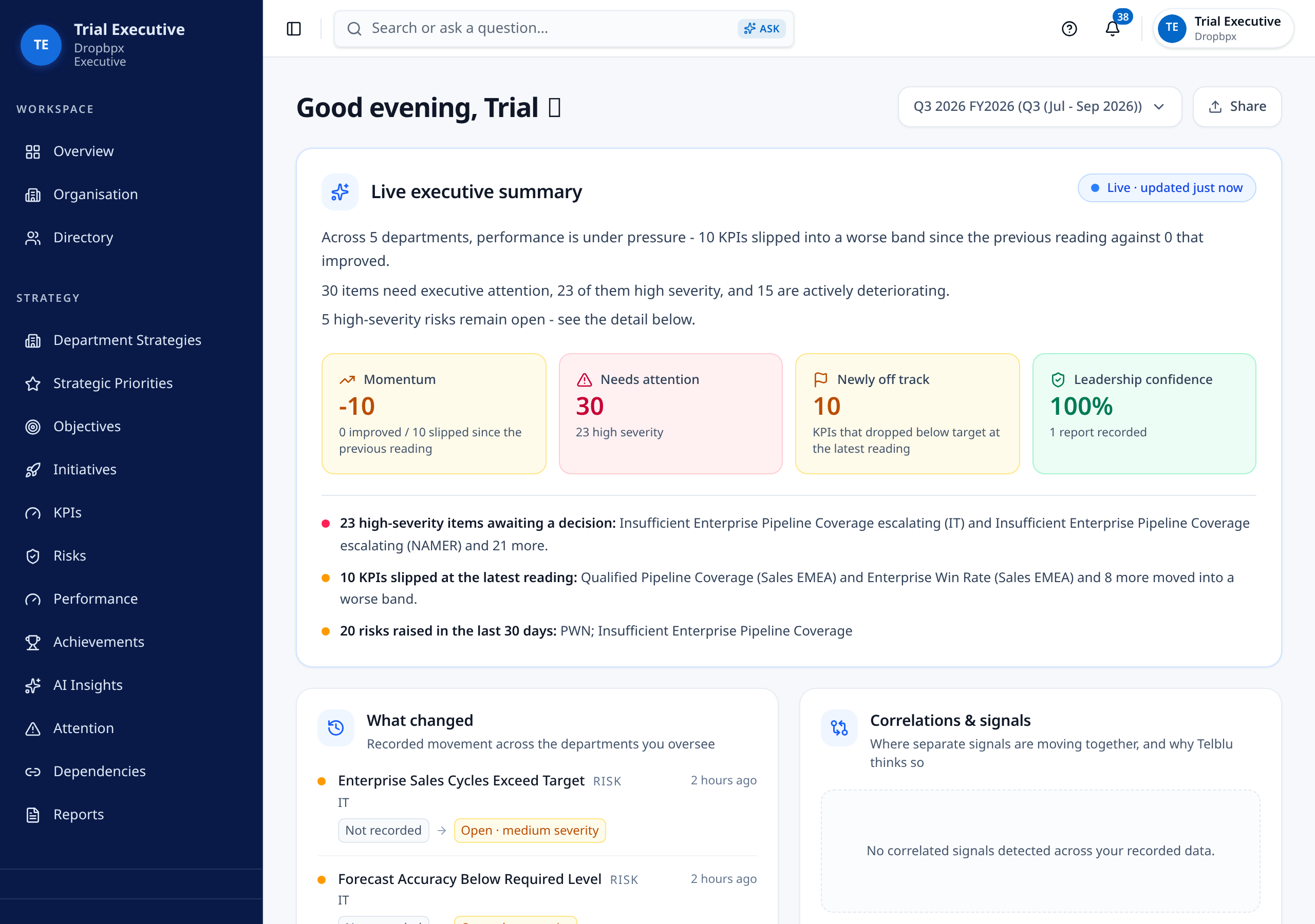 Telblu executive dashboard showing a live executive summary, momentum, items needing attention and recent movement across departments