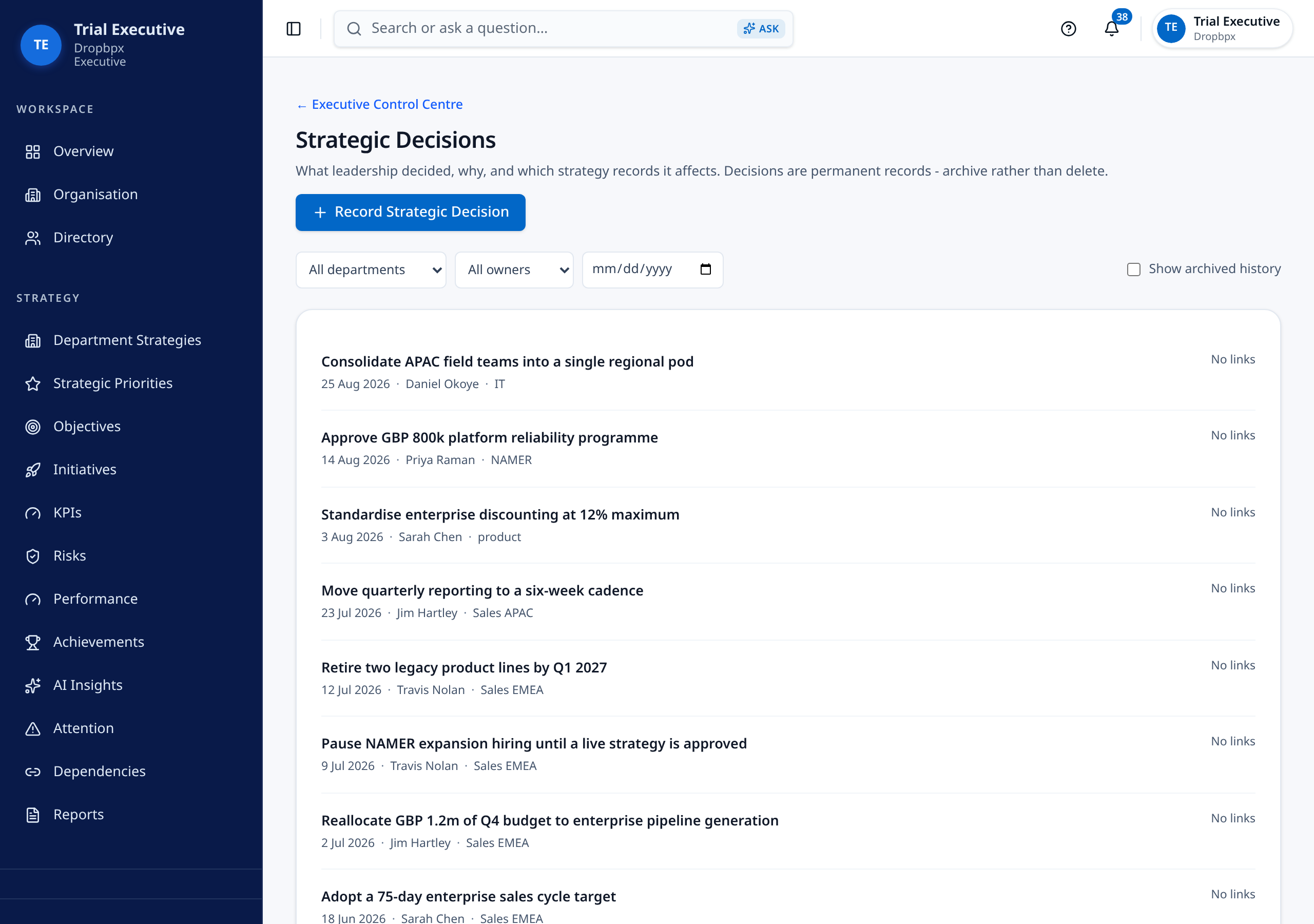 Telblu strategic decision register listing recorded leadership decisions with the date, owner and department