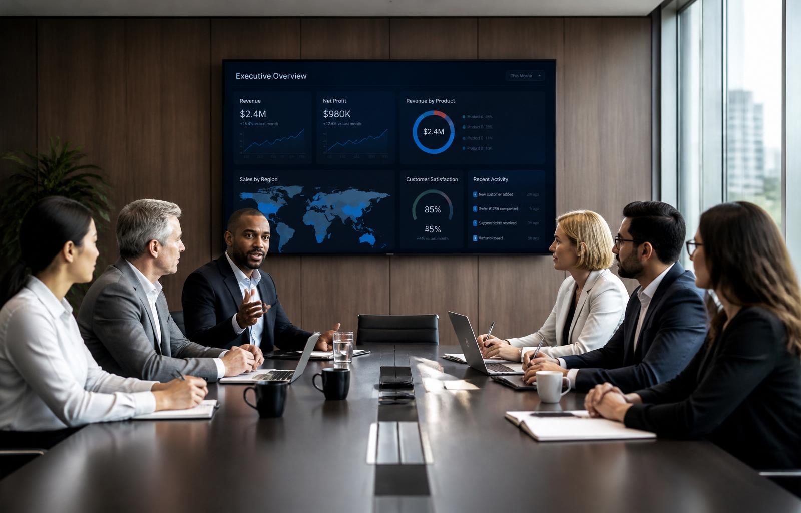 Executive team aligned around one strategy in a boardroom