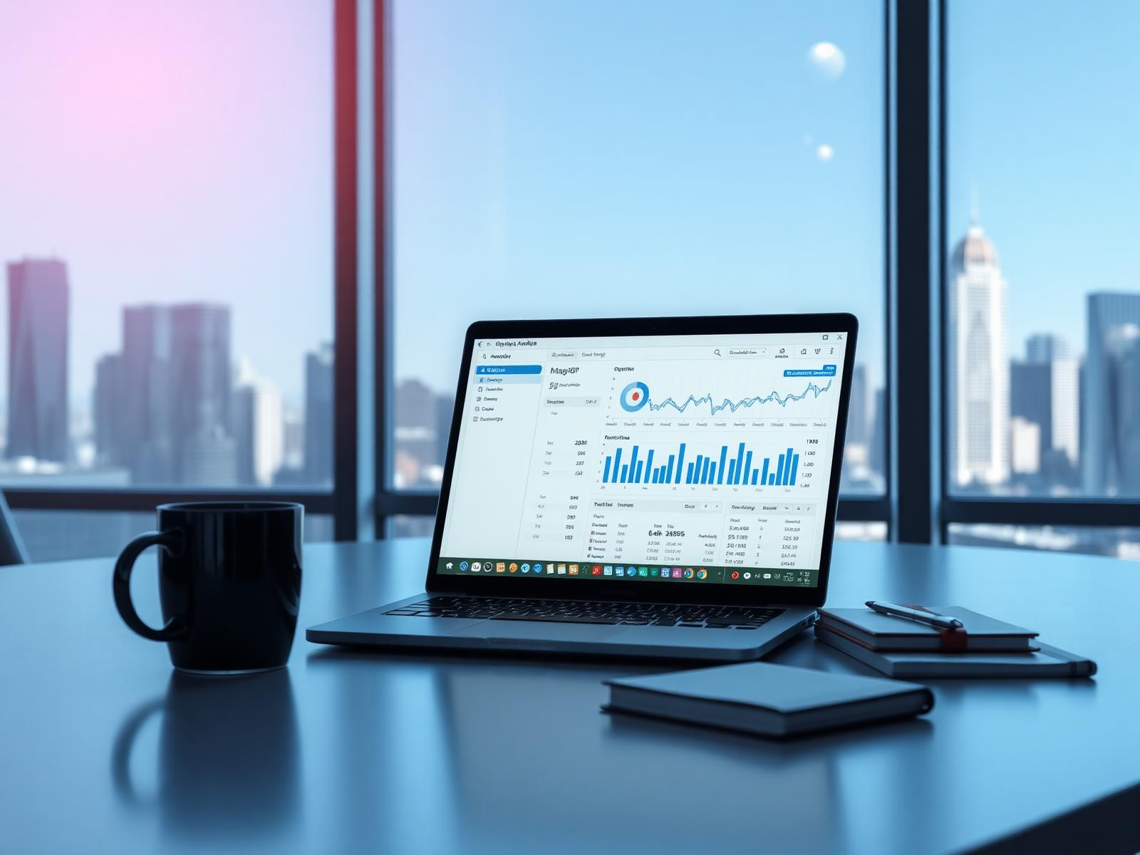 Laptop showing portfolio analytics on a desk overlooking a city skyline