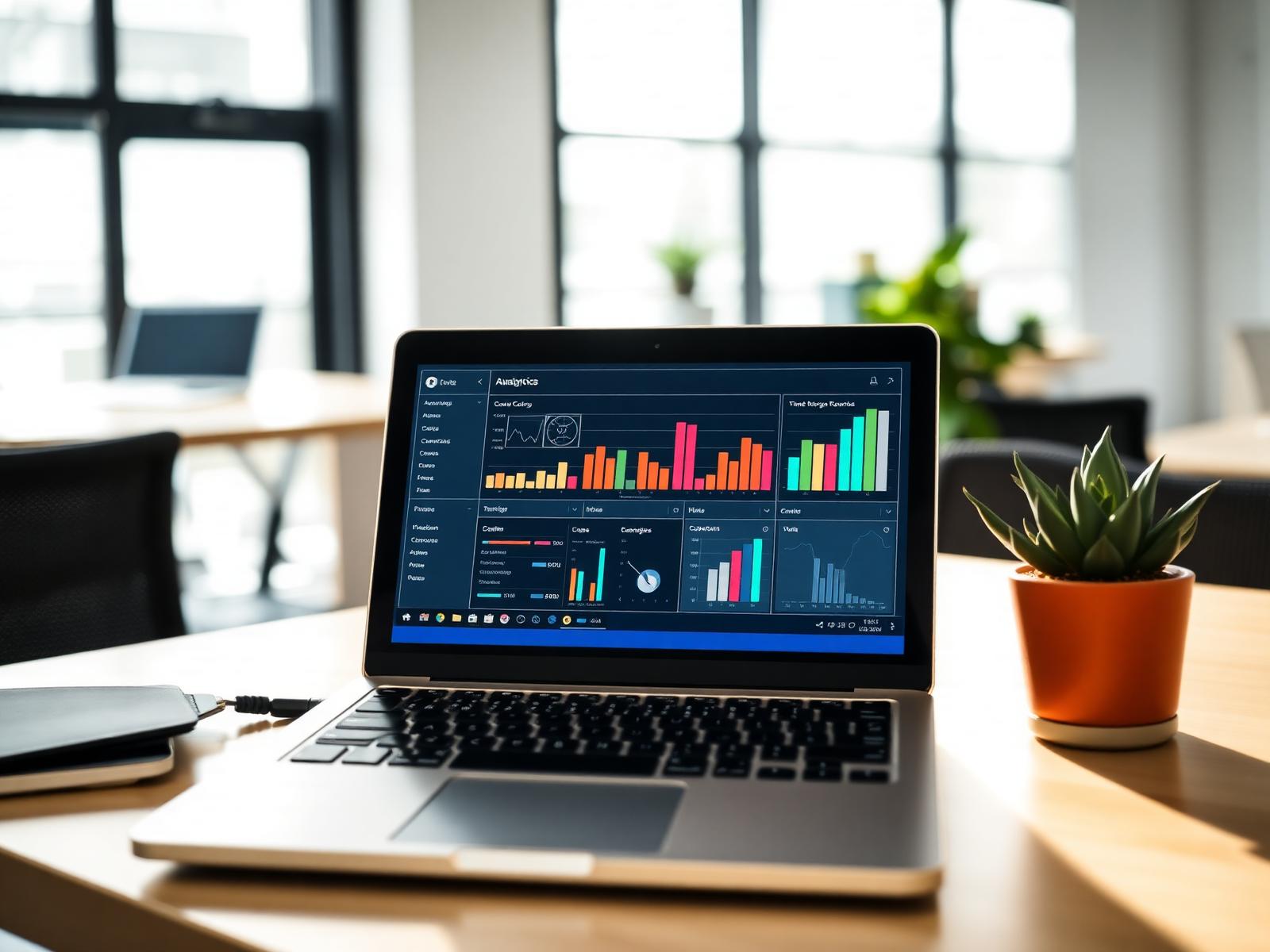 Laptop showing portfolio analytics on a bright office desk